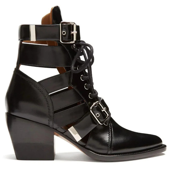 CHLOE Rylee Glossed Leather Ankle Boots Cut Out Black Size 37/7 - Picture 2 of 13